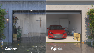 Image CGI avant et après d'un seuil de porte de garage de 30 mm installé dans un garage automobile