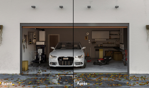 Avant et après la photo CGI qui montre un garage sans joint de bobine commerciale de 30 mm monté